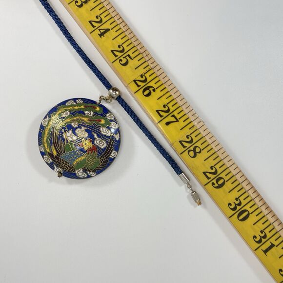 Vintage  Cloisonne Lucky Rooster Round Enamel Gold Tone Pendant Necklace Cord - Picture 9 of 9